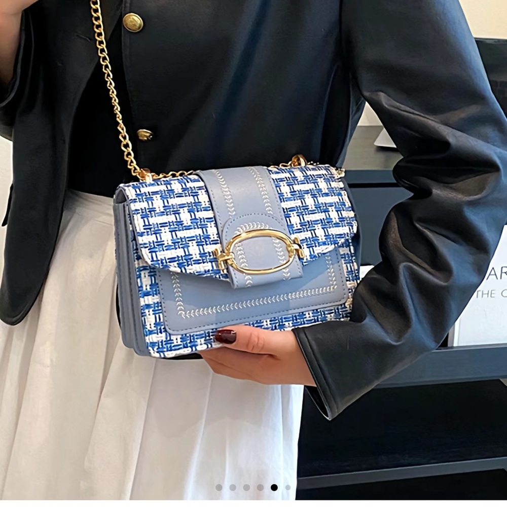 Elegant Blue and White Women's Tweed-Designed Crossbody or Shoulder Bag